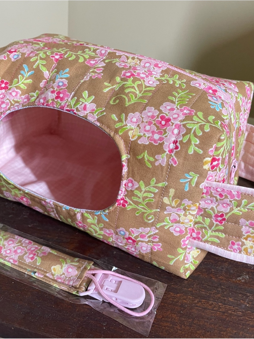 Floral Quilted Pink & Tan Travel Diaper & Wipe Tote with Clip Pacifier Holder